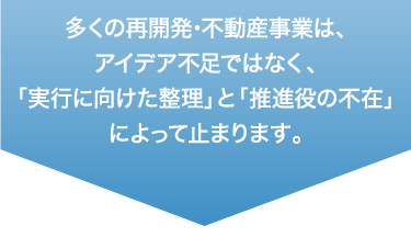 多くの再開発事業が止まる理由：アイデア不足ではなく「実行に向けた整理」と「推進役の不在」が原因であることの解説