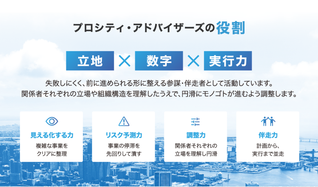 プロシティ・アドバイザーズの役割：立地・数字・実行力を軸とした参謀。見える化・リスク予測・調整・伴走の4つのコアスキル